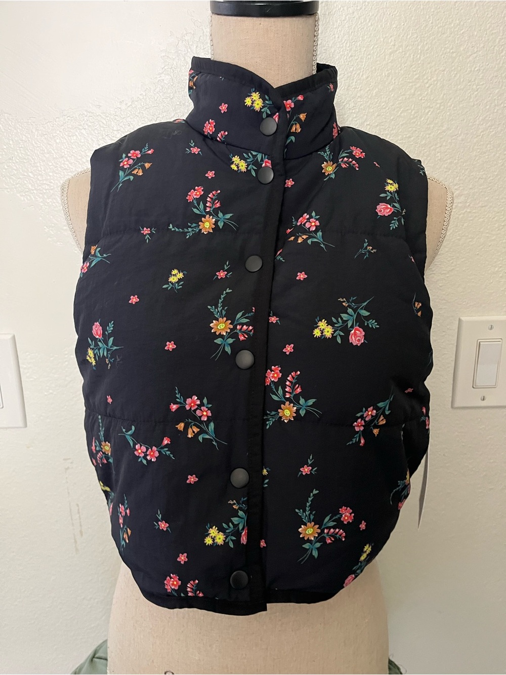 love, Fire Black Floral Quilted Puffer Vest